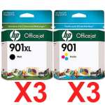 6 Pack Genuine HP 901XL Black & 901 Colour Ink Cartridge Set (3BK,3C) CC654AA CC656AA