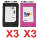 6 Pack Compatible HP 68e & 68 Black & Colour Ink Cartridge Set (3BK,3C) 7FP22TA 7FP20TA