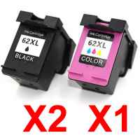 3 Pack Compatible HP 62XL Black & Colour Ink Cartridge Set (2BK,1C) C2P05AA C2P07AA