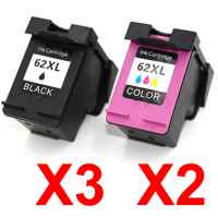 5 Pack Compatible HP 62XL Black & Colour Ink Cartridge Set (3BK,2C) C2P05AA C2P07AA