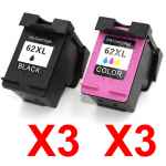 6 Pack Compatible HP 62XL Black & Colour Ink Cartridge Set (3BK,3C) C2P05AA C2P07AA