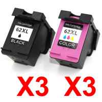 6 Pack Compatible HP 62XL Black & Colour Ink Cartridge Set (3BK,3C) C2P05AA C2P07AA