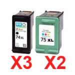5 Pack Compatible HP 74XL & 75XL Black & Colour Ink Cartridge Set (3BK,2C) CB336WA CB338WA