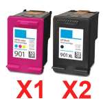 3 Pack Compatible HP 901XL Black & 901 Colour Ink Cartridge Set (2BK,1C) CC654AA CC656AA