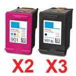 5 Pack Compatible HP 901XL Black & 901 Colour Ink Cartridge Set (3BK,2C) CC654AA CC656AA