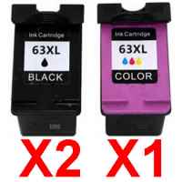 3 Pack Compatible HP 63XL Black & Colour Ink Cartridge Set (2BK,1C) F6U64AA F6U63AA