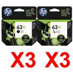 6 Pack Genuine HP 63XL Black & Colour Ink Cartridge Set (3BK,3C) F6U64AA F6U63AA