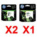 3 Pack Genuine HP 65XL Black & Colour Ink Cartridge Set (2BK,1C) N9K04AA N9K03AA