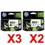 5 Pack Genuine HP 804XL Black & Colour Ink Cartridge Set (3BK,2C) T6N12AA T6N11AA